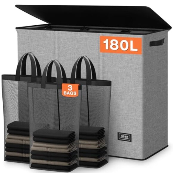180L Laundry Hamper 3 Section, Extra Large Laundry Hamper with Lid, Dirty Clothe - Picture 1 of 1